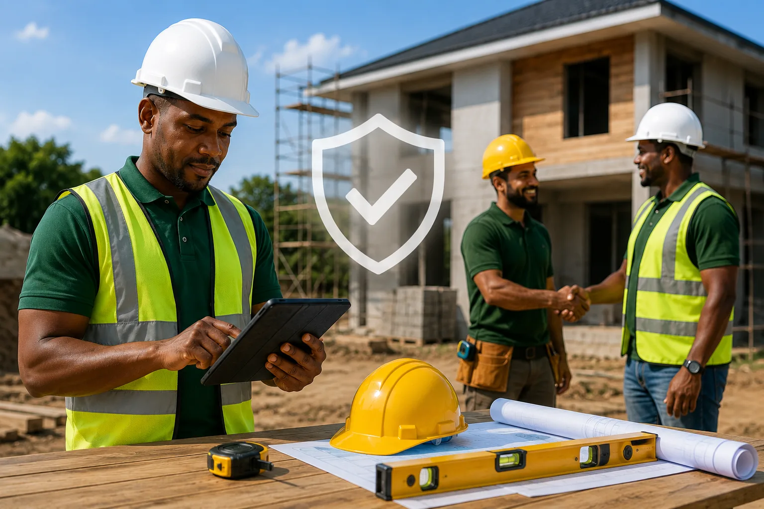 Vakman controleert gegevens op een tablet op de bouwplaats