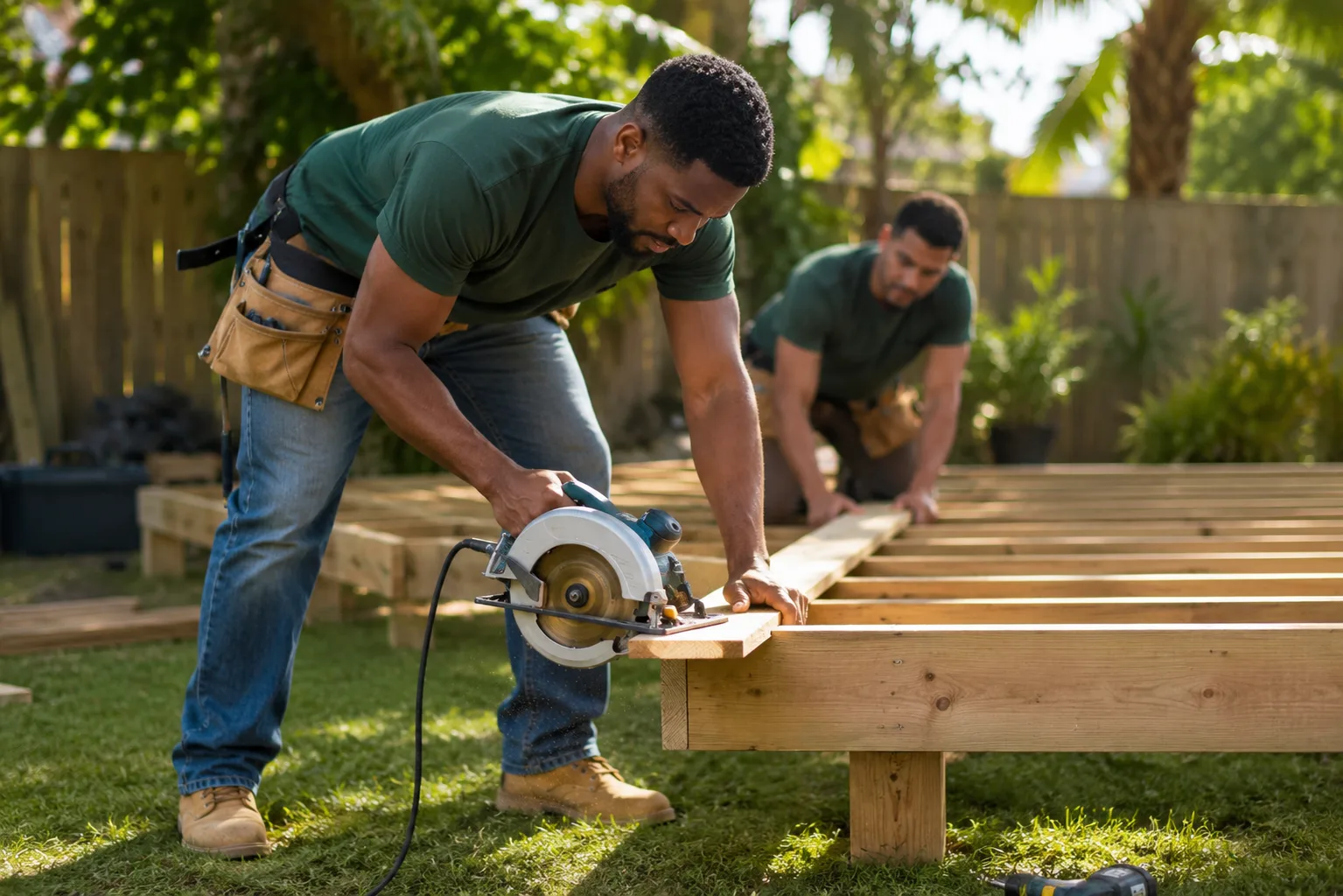 Twee vakmannen bouwen samen aan een houten constructie